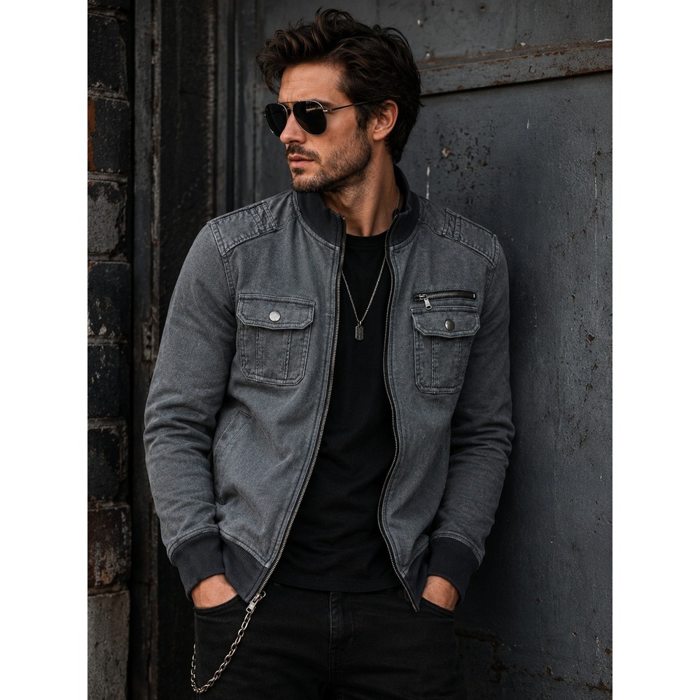Rock & Republic Gray Textured Full Zip Military Style Jacket Stand Up Collar M